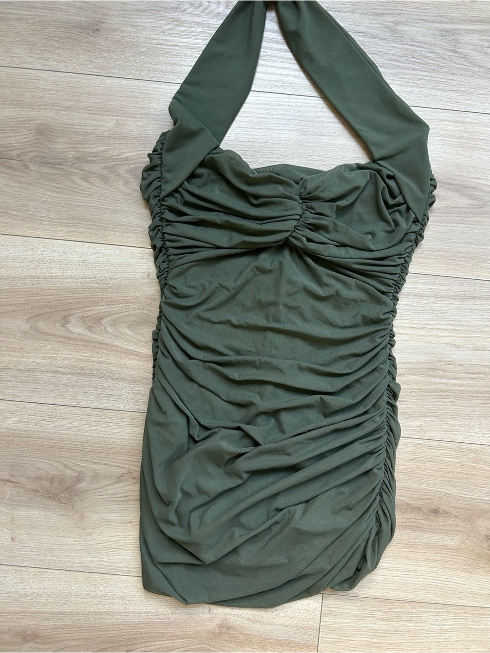NWT Norma Kamali Olive Green Ruched Halter One-Piece Swimsuit - Picture 3 of 5